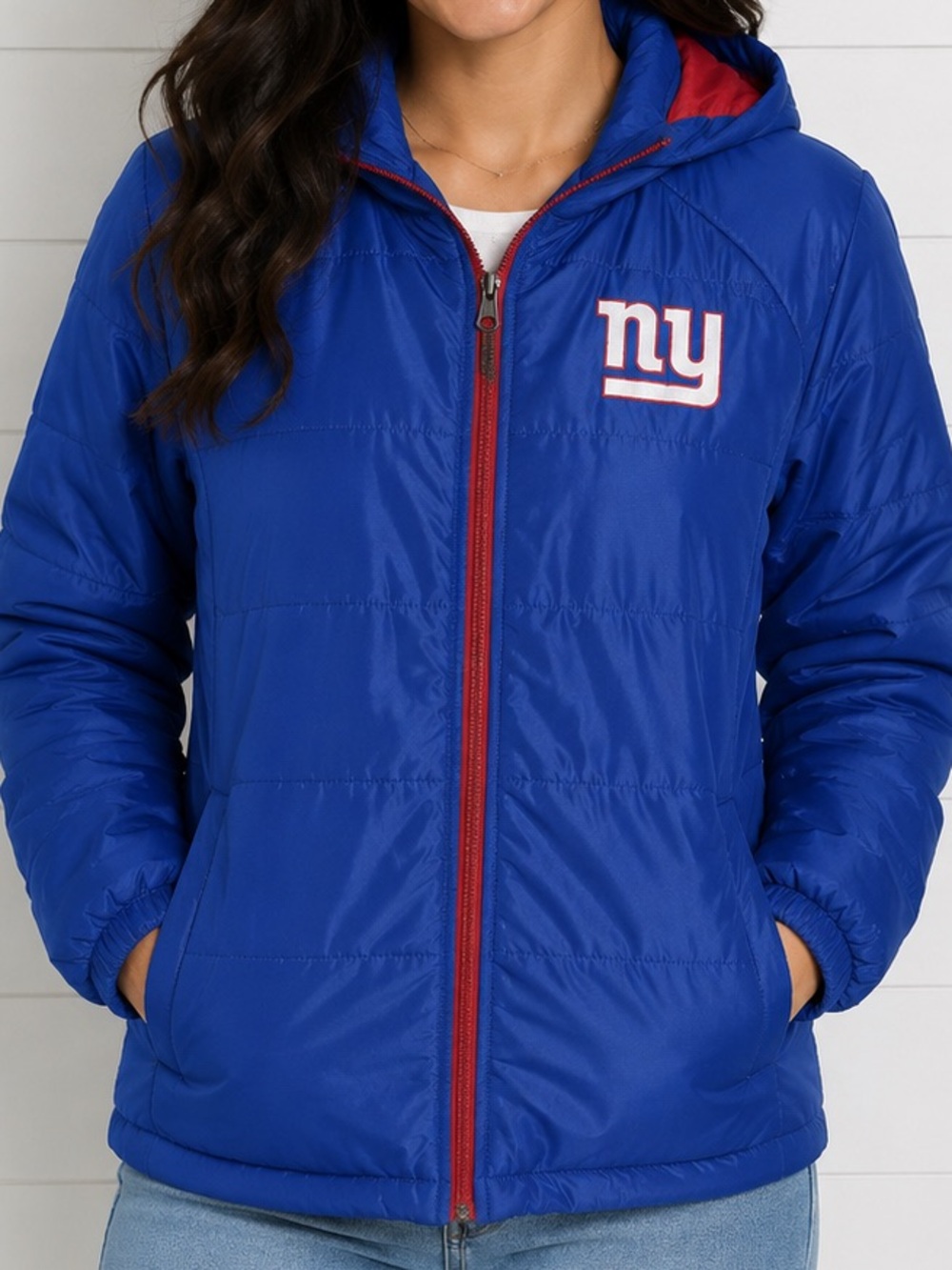 New York Giants‎ NFL Team Apparel Blue Quilted Hooded Jacket Size XXL